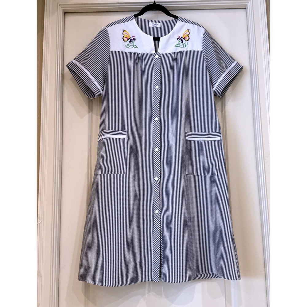 Yozly Blue White Striped Duster Robe Butterfly Embroidery Snap Front House Dress